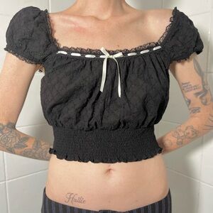 Current Mood Black Eyelet Top with White Ribbon